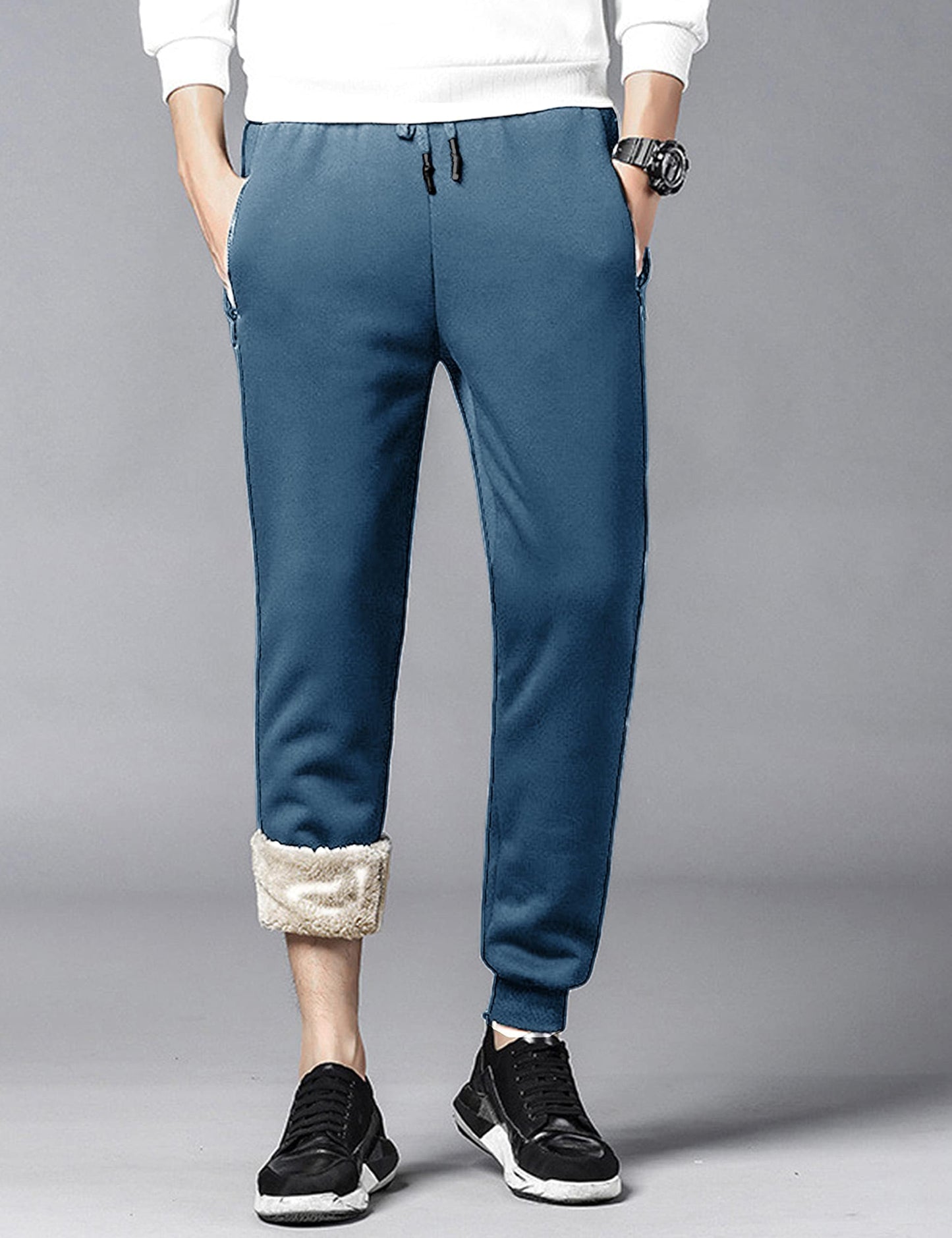 Yeokou Mens Winter Warm Sherpa Lined Active Thermal Jogger Fleece Sweatpants Pant(Blue-Large)