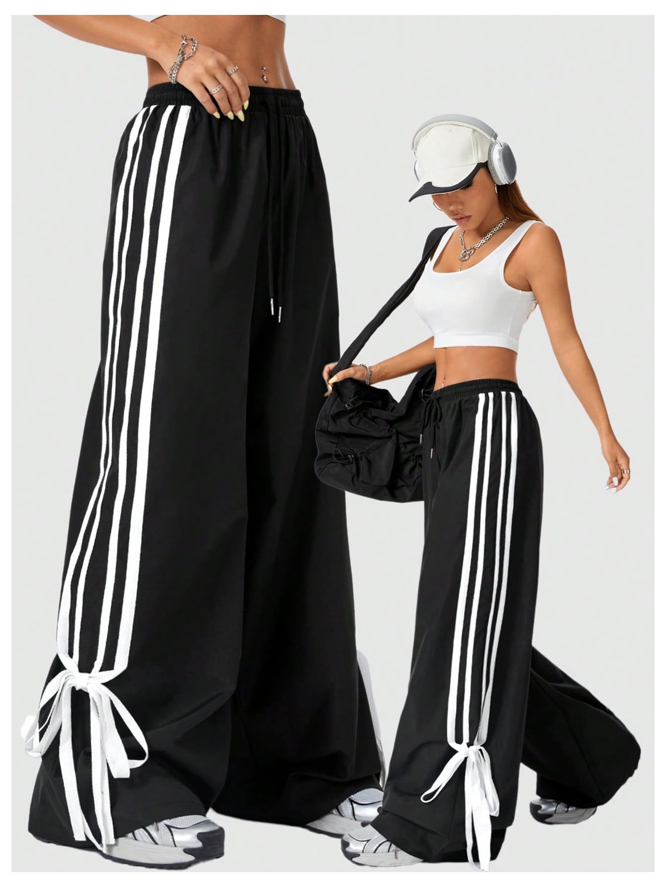 BEAUDRM Women's Y2K Baggy Bow Wide Leg Pants Striped Track Elastic Waist Long Sweatpants Parachute Pants Black and White Large