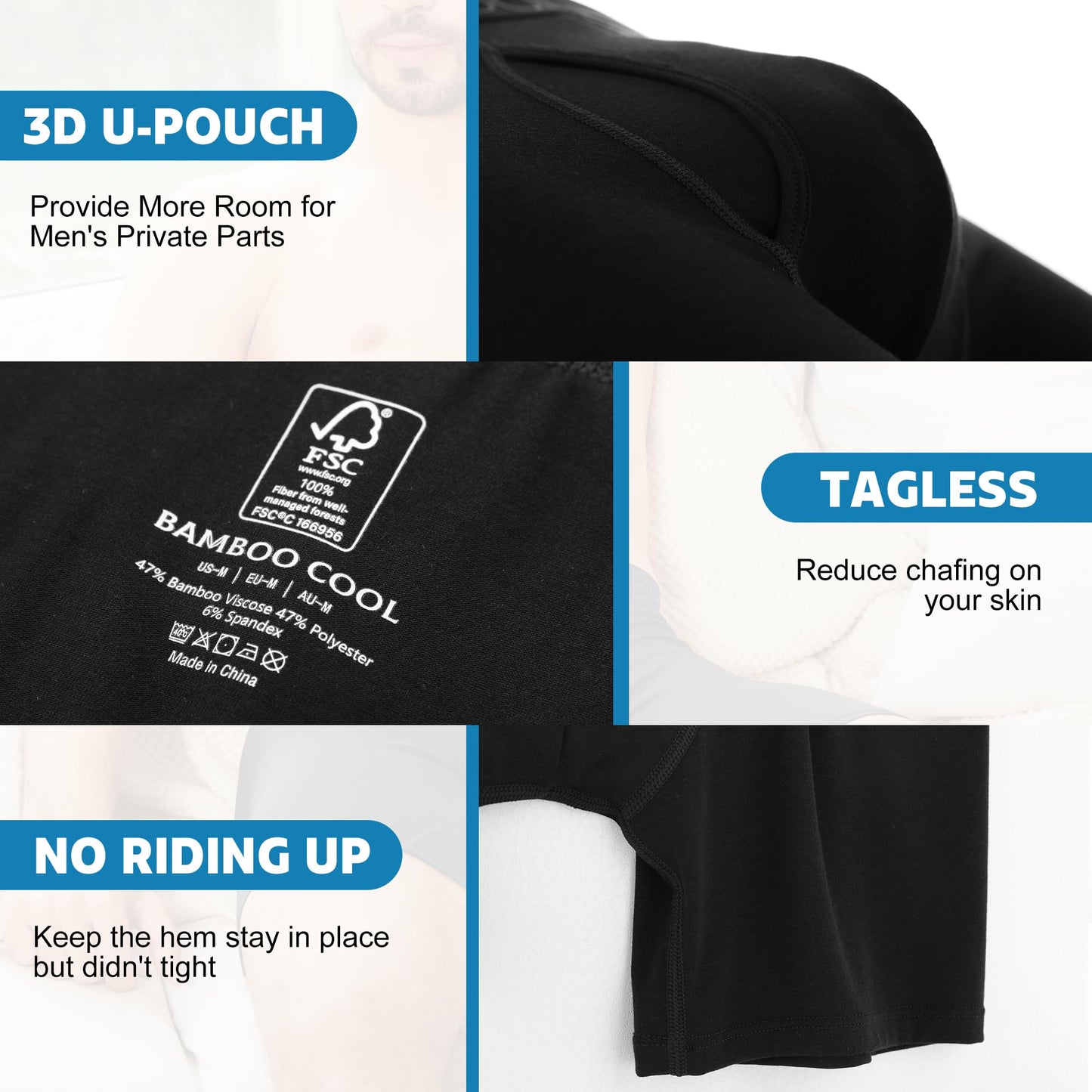 BAMBOO COOL Moisture-Wicking Soft Men's Underwear Boxer Briefs for Men With Open Fly Pouch (6 pack) M