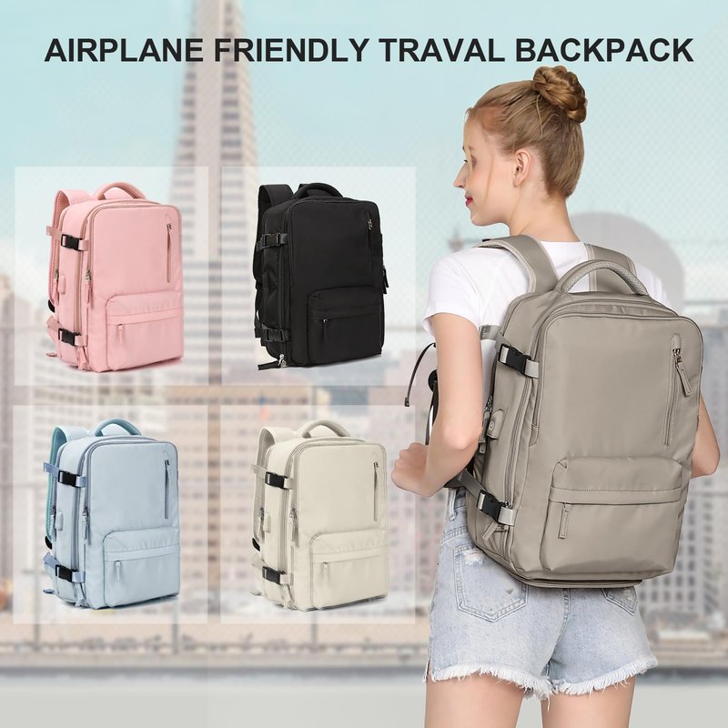 WONHOX Large Travel Backpack Women, Carry On Backpack, Hiking Backpack Waterproof Outdoor Sports Rucksack Casual Daypack with USB Charging Port Shoes Compartment, Grey Brown