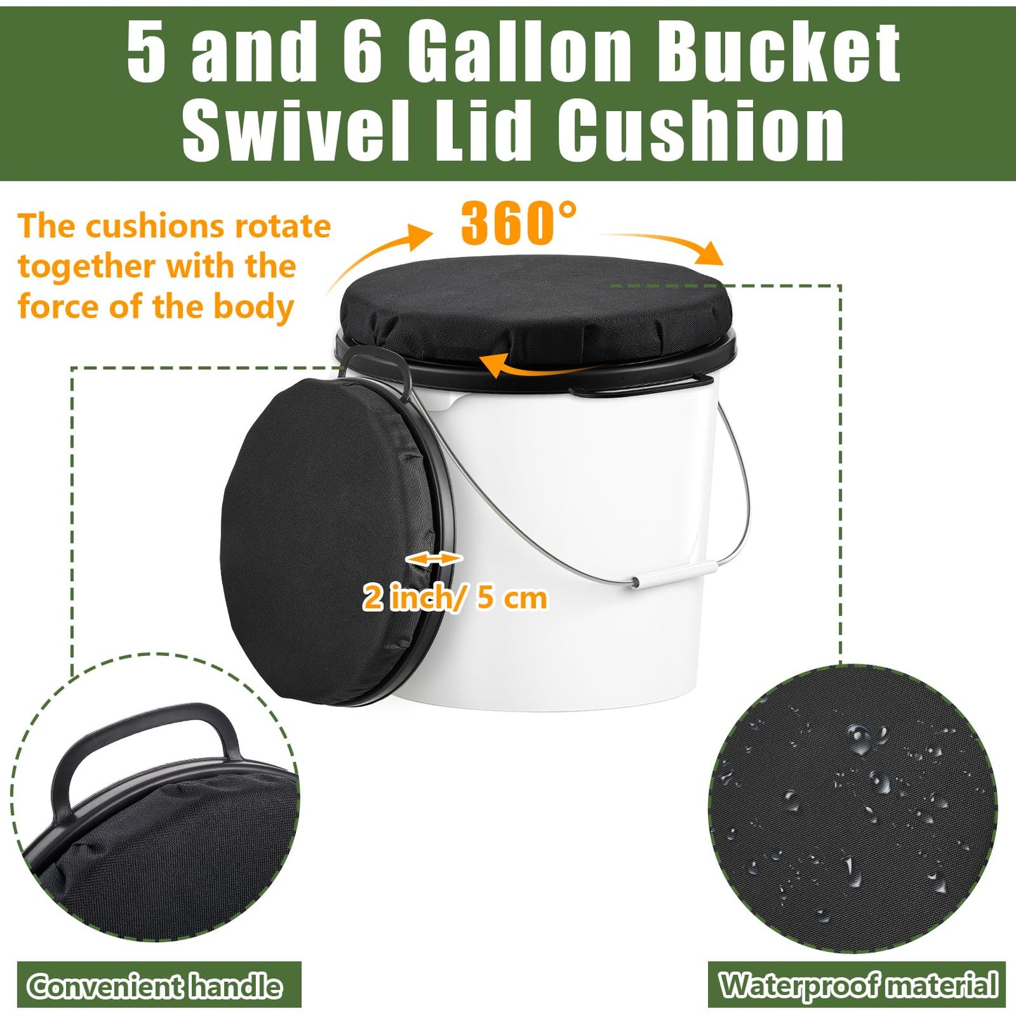 Lewtemi 2 Pack 5 Gallon Bucket Seat Lid with 360° Swivel, 2" Thick Waterproof Padded Cushion Cover with Handle for Fishing Camping Baseball Duck Hunting Gardening Outdoor Sports(2 Inch Thick,Black)