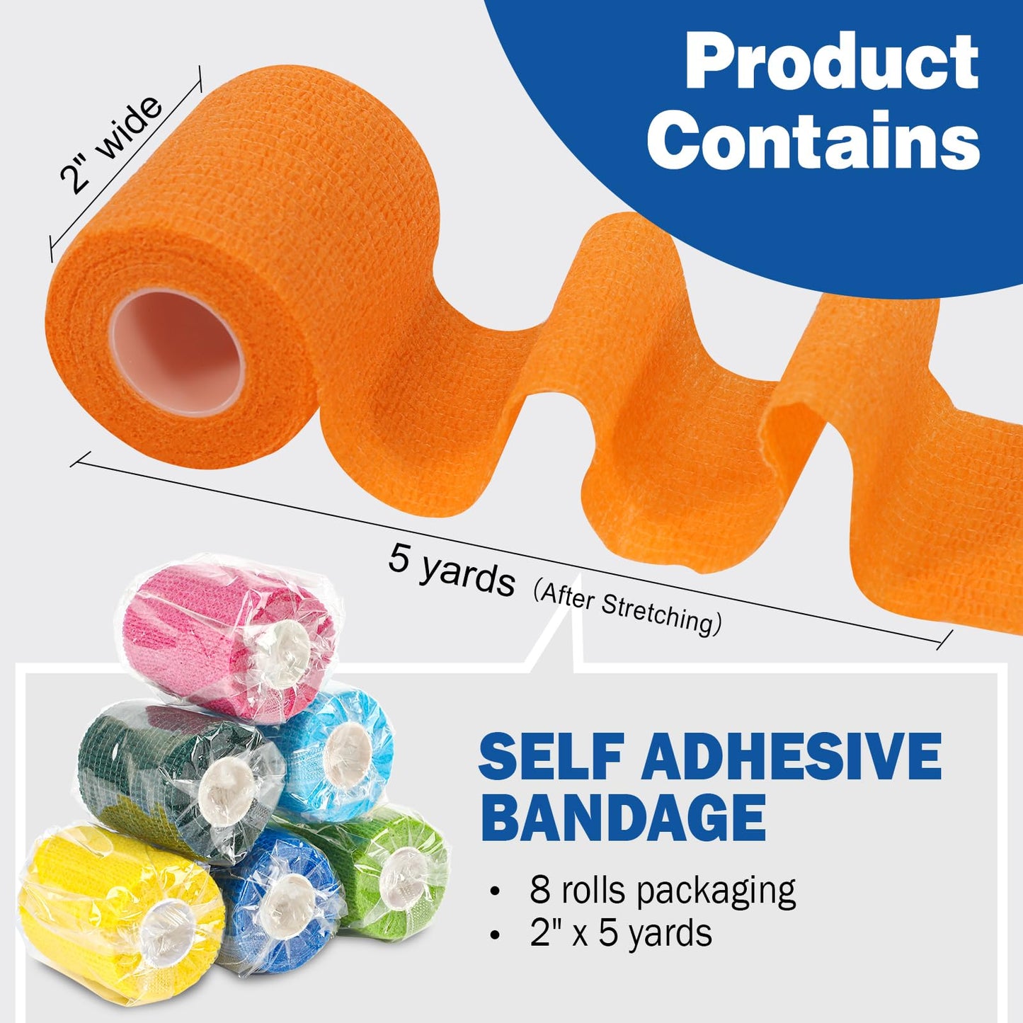 AZEN 8 Pack Self Adhesive Bandage Wrap, 2" X 5 Yards Elastic Cohesive Bandage Wrap, Color Athletic Tape, Vet Wrap, Ankle Tape, Tattoo Grip Tape Wrap