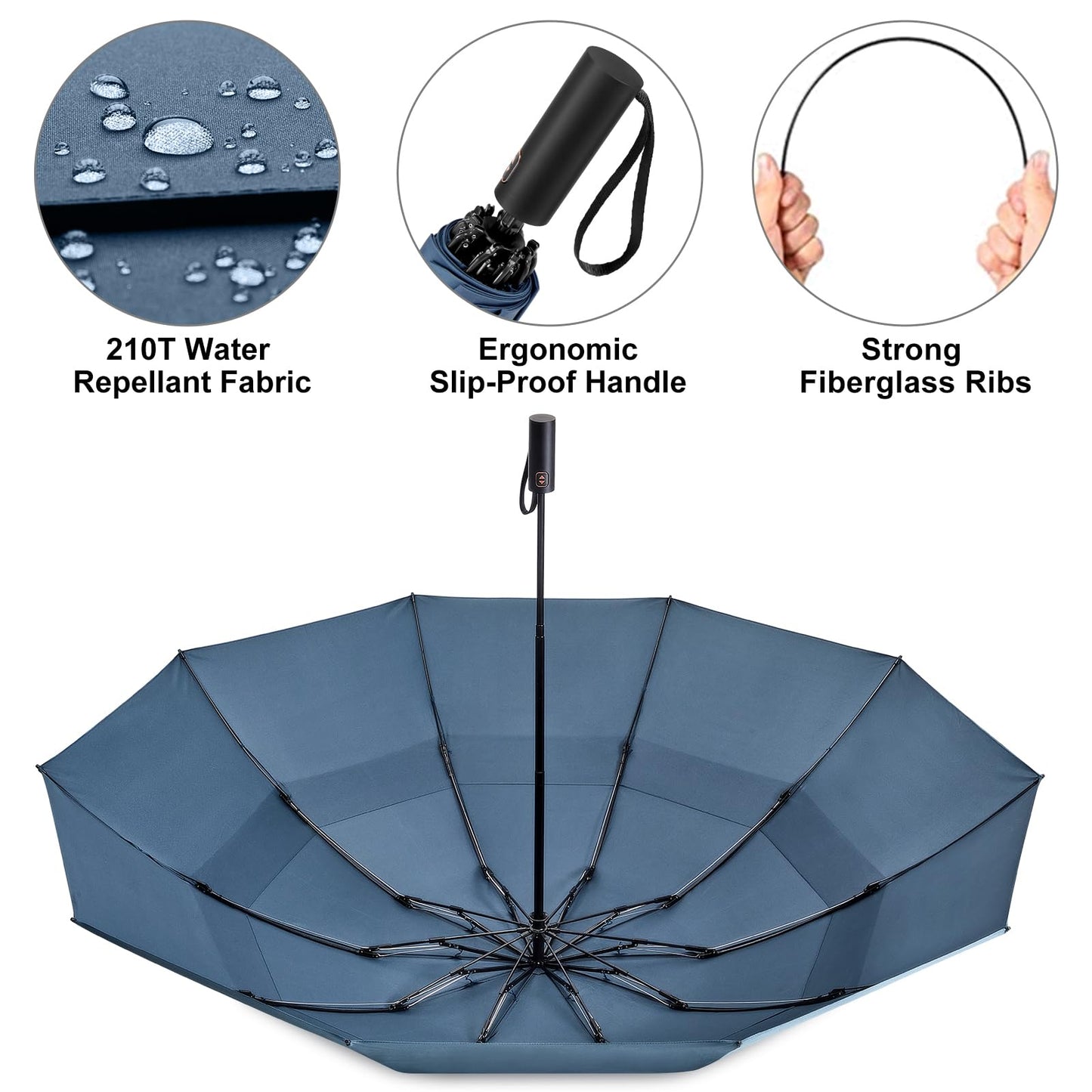 Prospo 62 Inch Large Travel Umbrellas for Rain Windproof, 10 Ribs Compact Reverse Folding Golf Umbrella, Double Canopy Automatic Open Close
