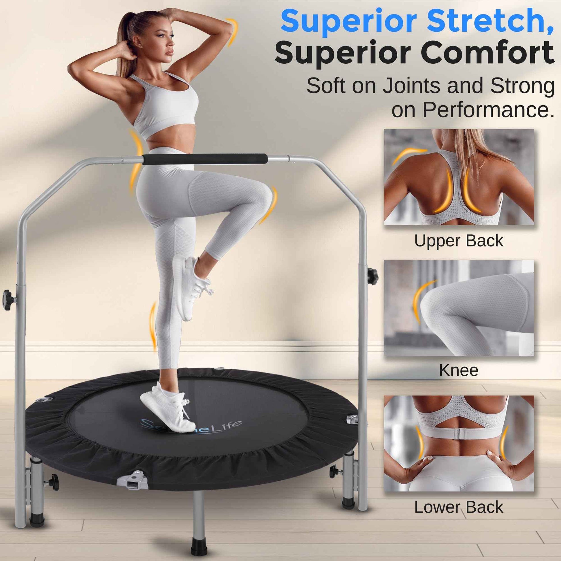 SereneLife 40" Foldable Mini Trampoline - Compact Fitness Trampoline for Kids Adults, Exercise Rebounder with Adjustable Foam Handle, Indoor/Garden Workout Equipment, Max Load 220 lbs, Black