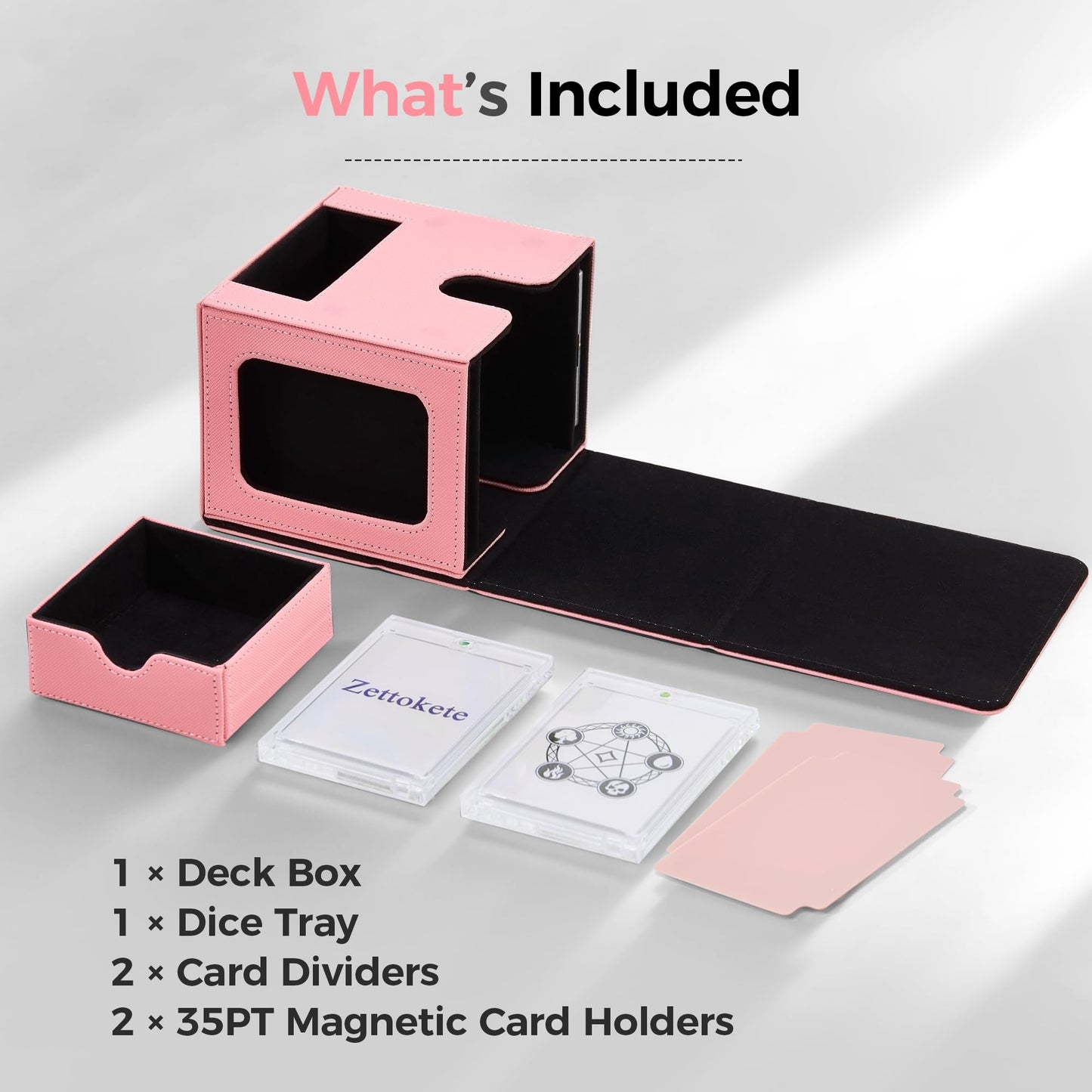 Zettokete MTG Commander Deck Box with Dual Commander Display, Patented Card Deck Box Fits 100 Double-Sleeved Cards, MTG Card Case with Dice Tray, 2 Dividers, 2 Magnetic Holders, Pink & Black