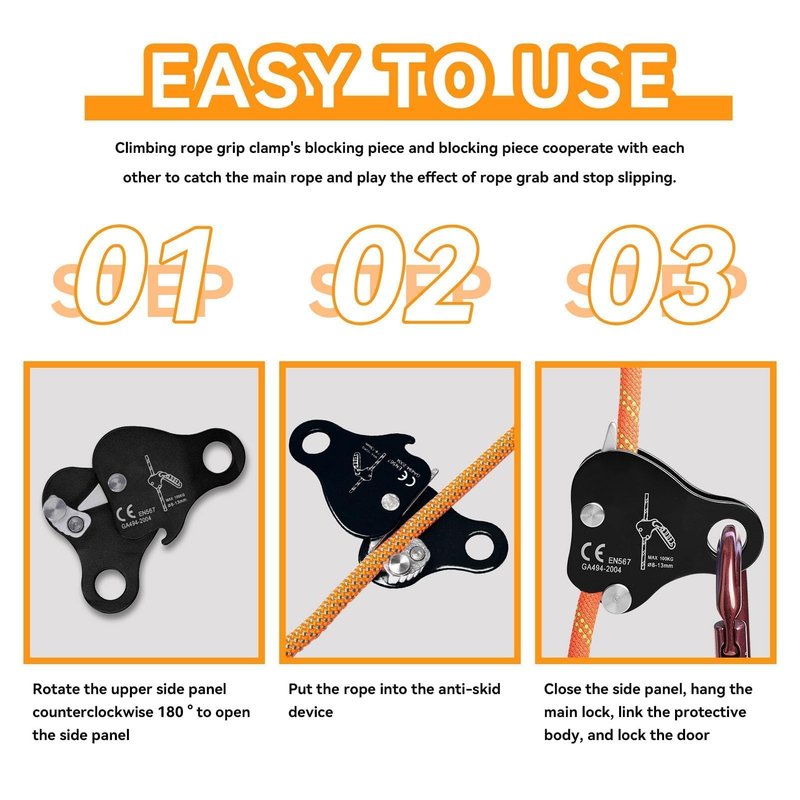 HERCHR Climbing Ascender, Fall Protection Belay Device Self Locking Ascender Riser Adjuster for 8‑13mm Rope Grab Clamp for Rock Climbing, Rappelling, Mountaineering, Arborist, Rescue (Black)