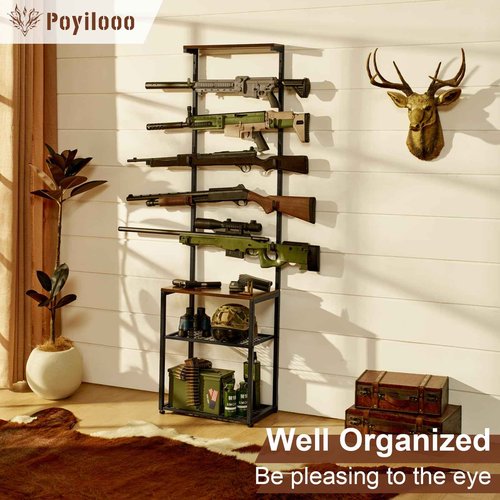 Poyilooo Gun Rack, Indoor Gun Racks for Wall Mount Gun Display Stand, Floor Gun Stand Holds up 5 Guns Storage Airgun Rifle Holder Hunting Gun Shelf (Black, Large-19.7" L)