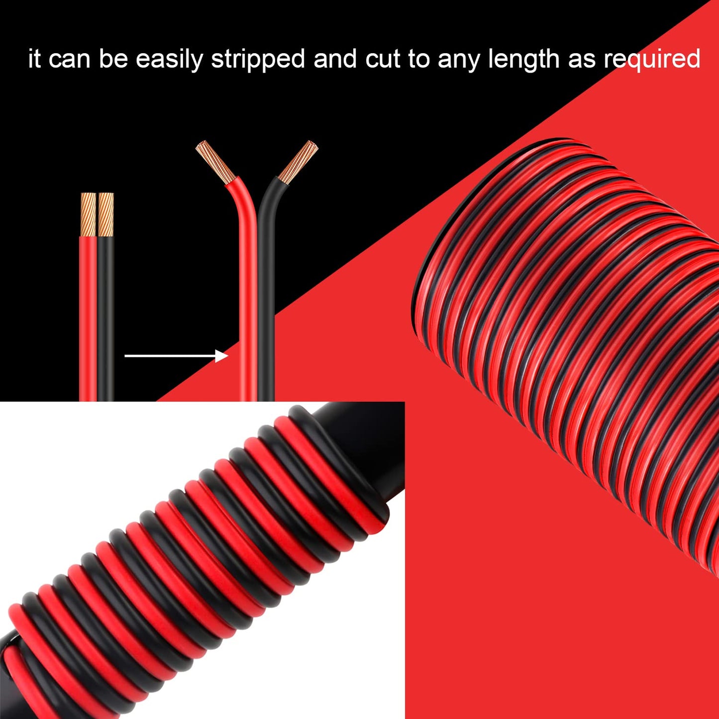 VIABRICO 12Gauge 100FT Electrical Wire Cable 2 Conductors Red Black Cable Hookup LED Lighting Strips Flexible Extension Cord 12AWG Copper Clad Aluminum 12V/24V DC 30.5M