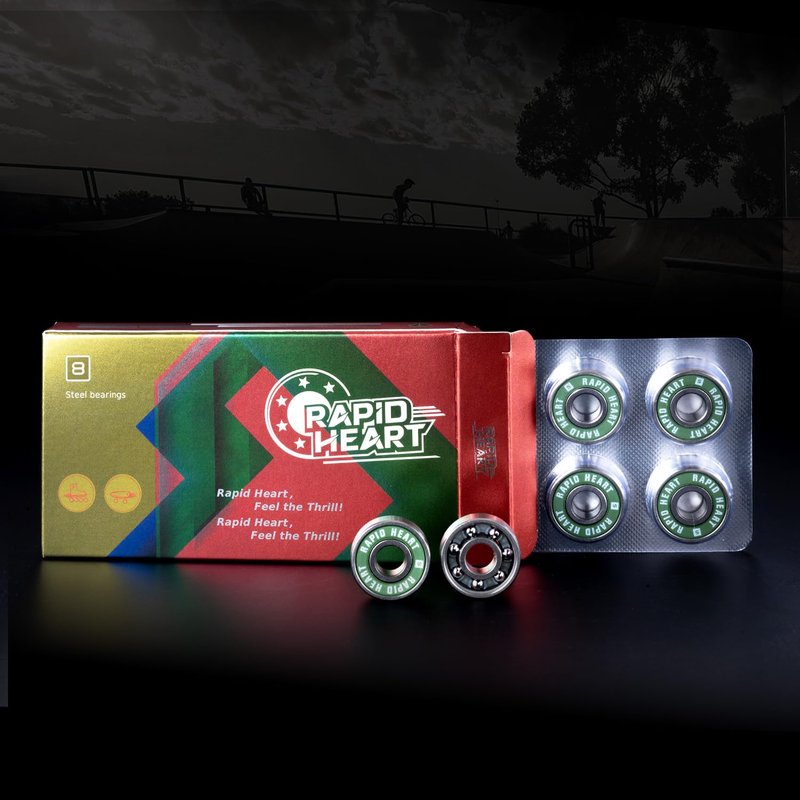 Rapid Heart 8 Pack 608 2RS Precision Steel Green Bearings. 30+ Second Spin Test. for Skateboards, Longboards, Inline & Roller Skates. Premium Quality,High-Performance Alternative.