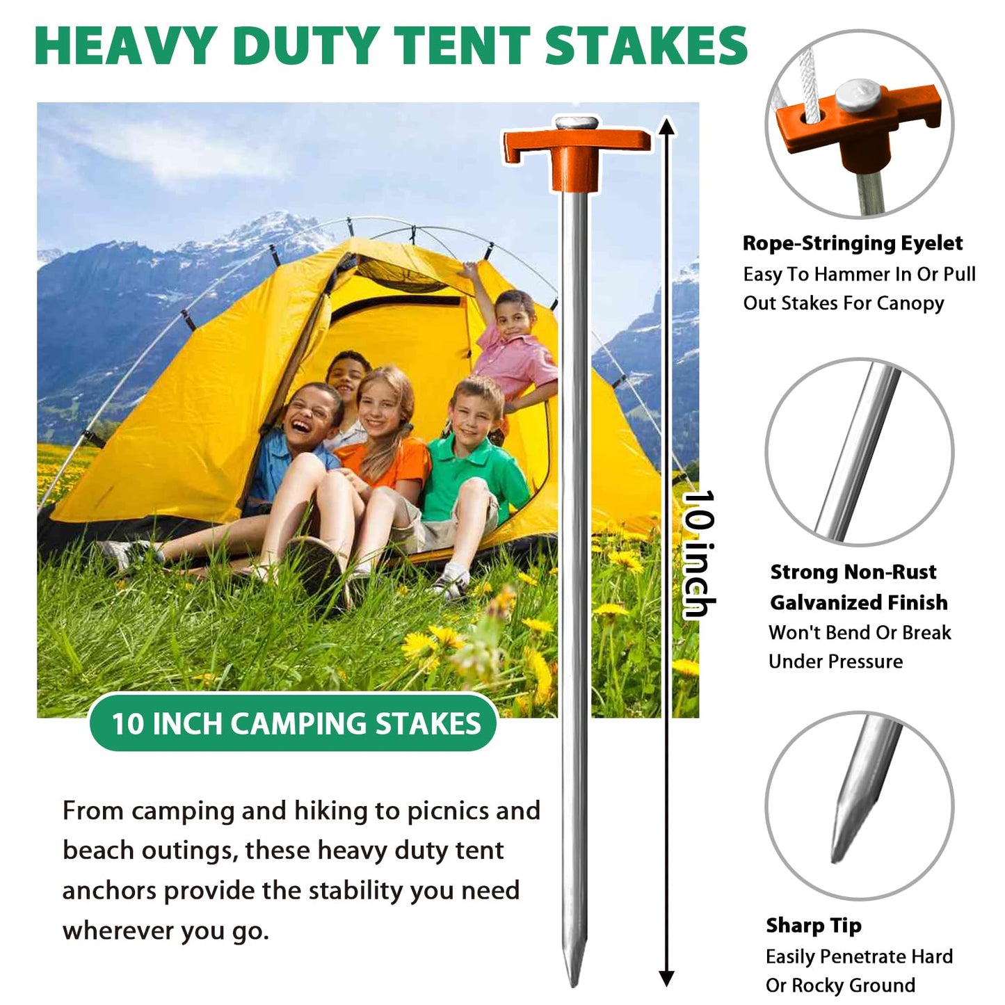 Eurmax USA Galvanized Non-Rust Camping Family Tent Pop Up Tent Stakes Ice Tools Heavy Duty 10pc-Pack, with 4x10ft Ropes & 1 Orange Stopper