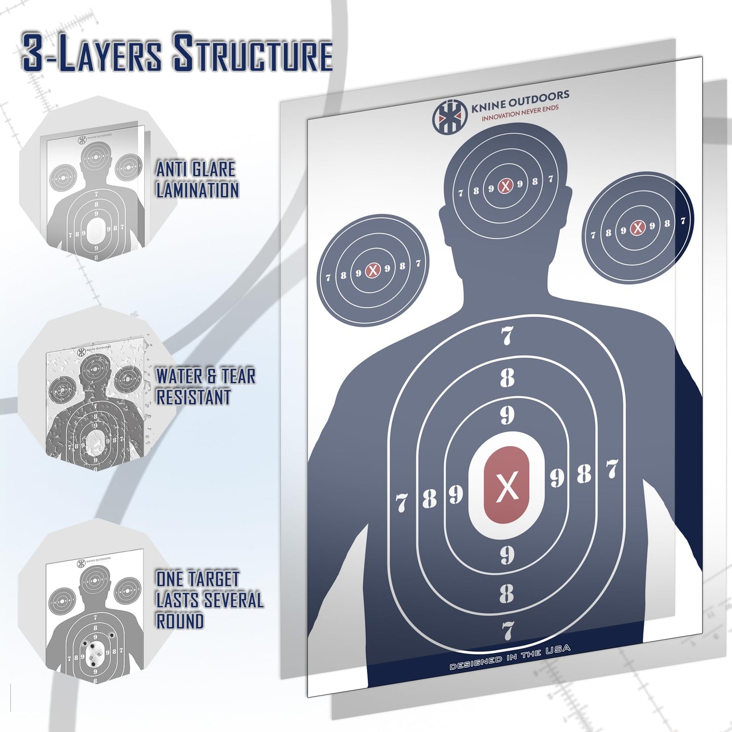 KNINE OUTDOORS Shooting Targets Paper, 12 x18 inch, Bulk for Hunting, Handguns, Pistols, Rifles, Silhouette with Red Bullseye, Blue Design (50 Pack)