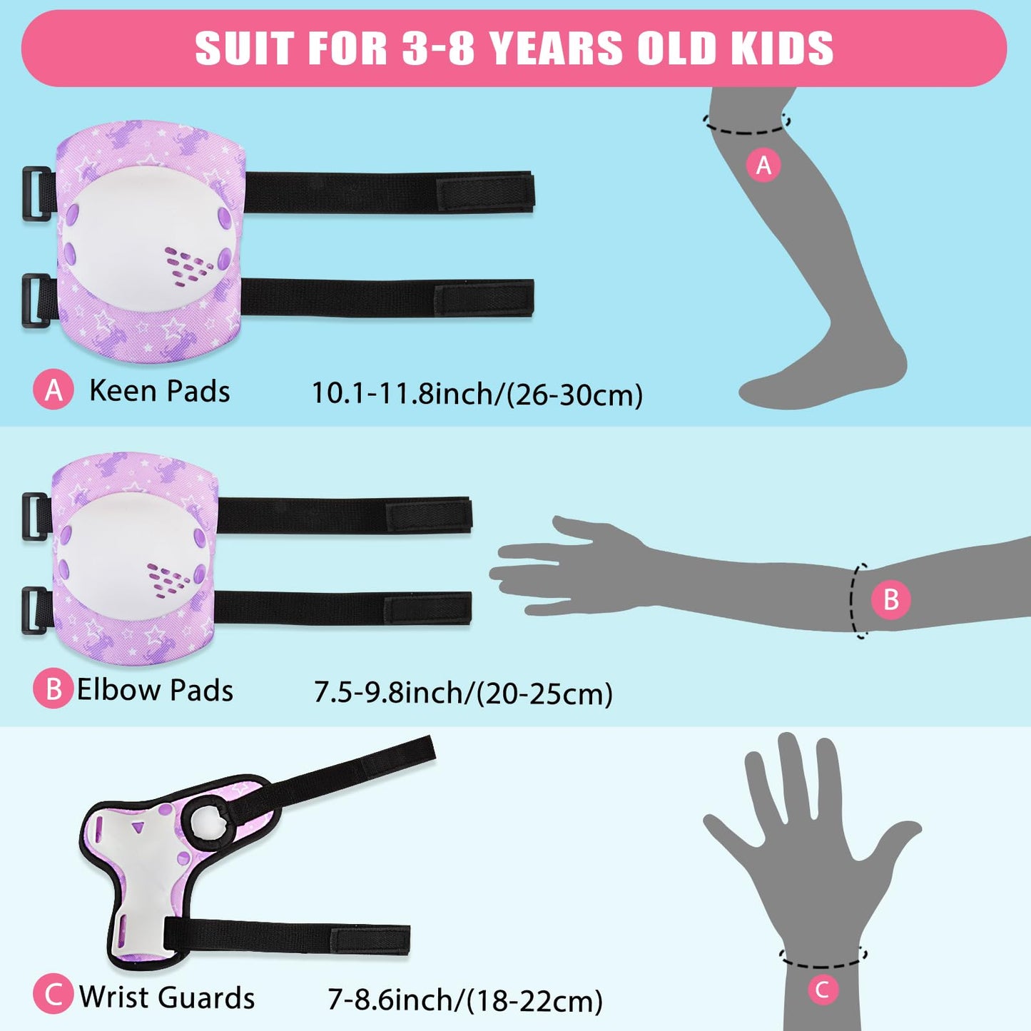 AuSletie Knee Pads for Kids Girls Protective Gear Set Adjustable Knee Pads and Elbow Pads Set with Wrist Guard for Girls Kids Toddler Roller Skates Bike Cycling Skateboard Scooter (Purple Unicorn)