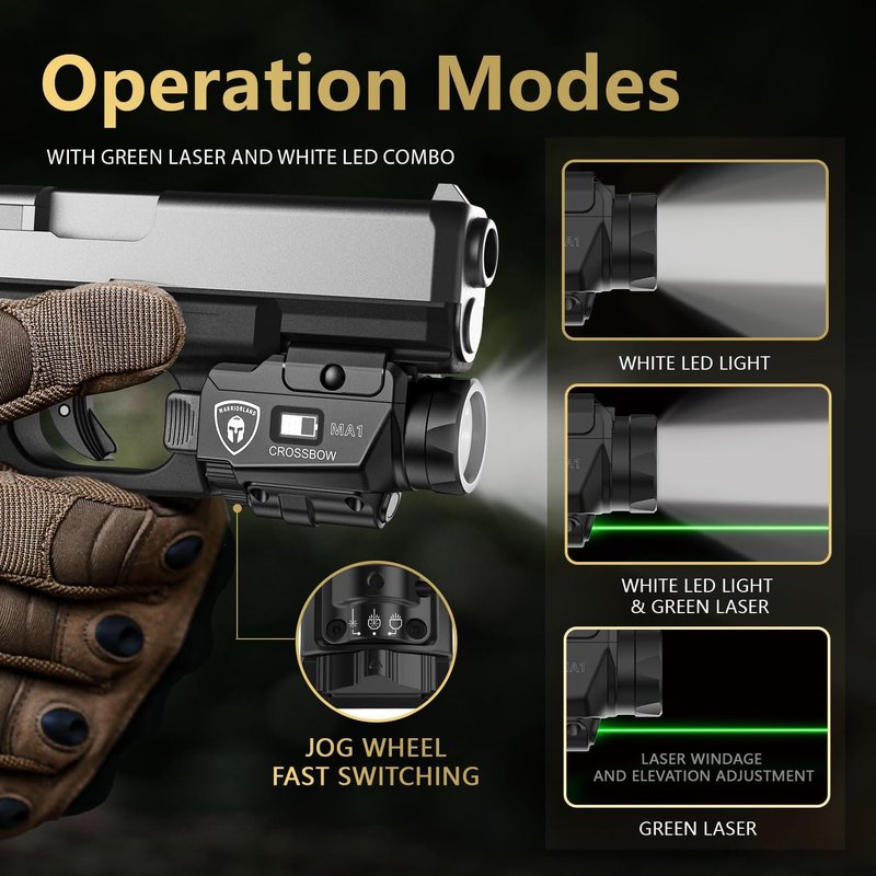 WARRIORLAND MA1 800-Lumen Tactical Pistol Light & Laser Combo - Fits Glock 17/19/19X Gen 3-6 & G34 Gen 4-5 | Rechargeable with Power Status Screen
