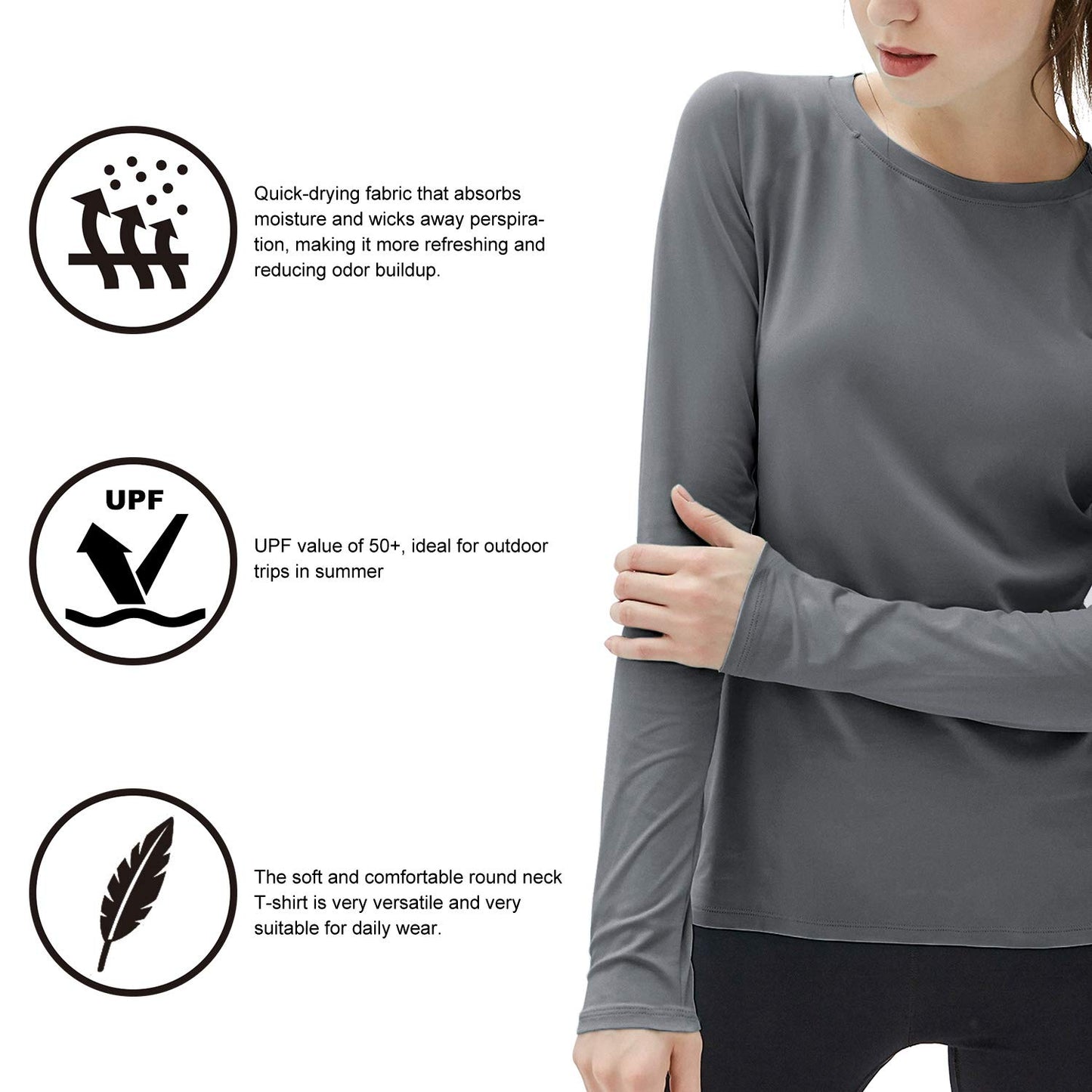 isnowood Womens Long Sleeve Rash Guard, UV UPF 50+ Sun Protection Shirts, Quick Dry Lightweight Tops for Swimming Workout Hiking Running Gray