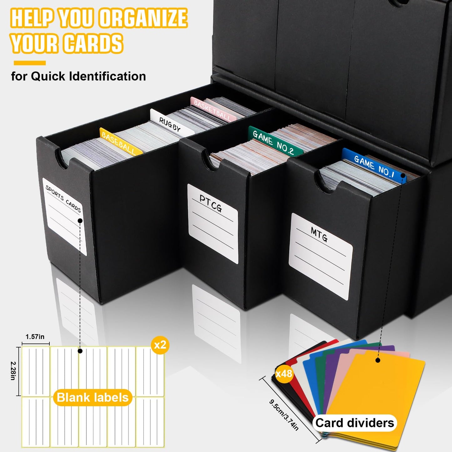 QLOUNI Trading Card Storage Box, Includes 12-600 CT Boxes & 48 Card Dividers, 12000+ Trading Card Organizer for Collectible Card Games, for TCG, MTG, PTCG, Baseball Cards, with Labels & Tapes