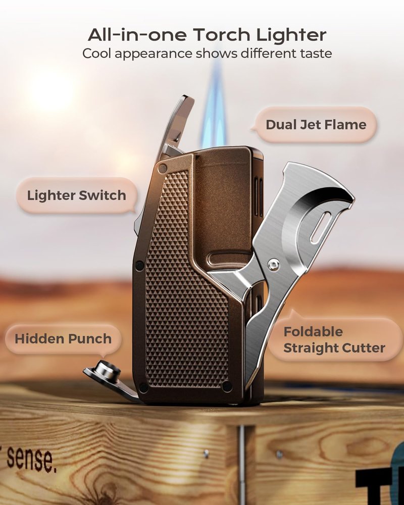 All-in-one Torch Lighter with Built-in Punch, Scissor-Shaped Cutter, Hidden Holder, and Adjustable 2 Jet Flame, Gifts for Men, Refillable Butane Lighter, Lighter with Multi-use Accessories for Travel