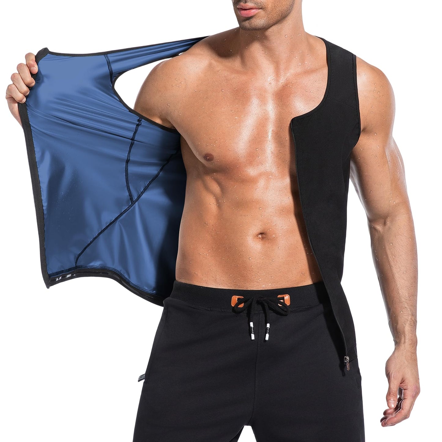 Meiosuns Sauna Sweat Vest for Men Weight Loss Sweat Waist Trainer Vest Compression Sleeveless Sauna Suit Men's Heat Trapping Tank Top Workout Enhancing Shirt Gym Shaper with Zipper (Blue, L/XL)