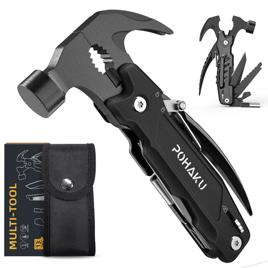 Pohaku 14-in-1 Multitool Hammer, Pohaku Multitool with DIY Stickers, Safety Lock, Screwdriver Bits Set and Durable Nylon Sheath, Multi Tool for Outdoor, Ideal Gifts for Father, Husband, Boyfriend