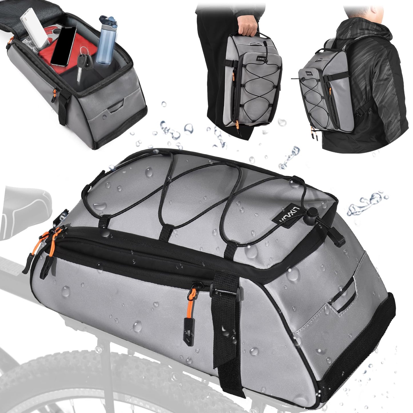 Lixada 10L Reflective Bicycle Rear Rack Bag 4-in-1 Waterproof Bike Saddle Bag Bike Rear Rack Pouch with Shoulder Strap Cycling Bicycle Saddle Panniers Lightweight Compact for Traveling Commuting