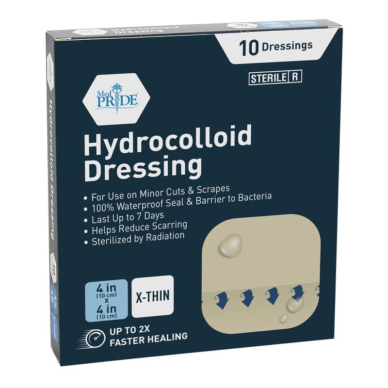 MED PRIDE Hydrocolloid Dressings and Bandages, Highly Absorbent, Water-Resistant, Comfortable, Multi-Day Use (4'' x 4'' 10 X-Thin)