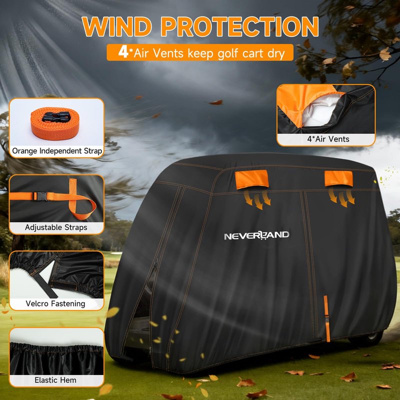 NEVERLAND Golf Cart Cover 4 Passenger, Heavy Duty 420D Golf Cart Covers, Waterproof Club Car Golf Cart Cover with Zipper Doors Compatible with EZGO Yamaha Club Car 4 Seat (Up to 115 Inch)