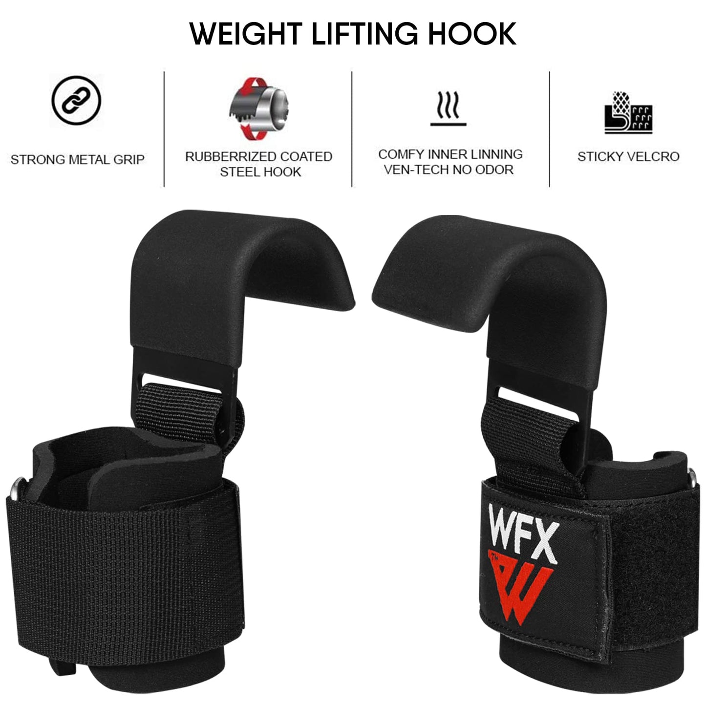 Weight Lifting Hooks, Non-Slip Rubber Coated Grips, 7mm Neoprene Wrist Support Padding, Power Lifting Barbell Rows Dead Lifts Chin Pull Up Fitness Strength Training Straps Gym Workout Straps (Black)