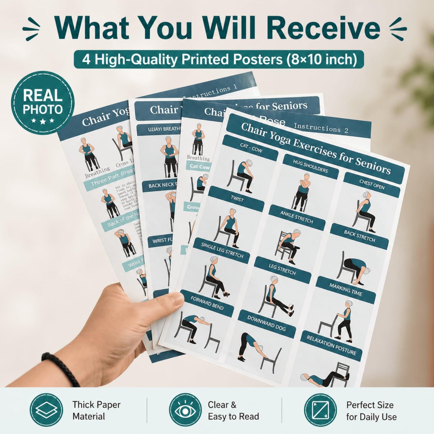 Chair yoga for seniors over 60 Chart, Set of 4 Chair Yoga Poster 10" x 8"