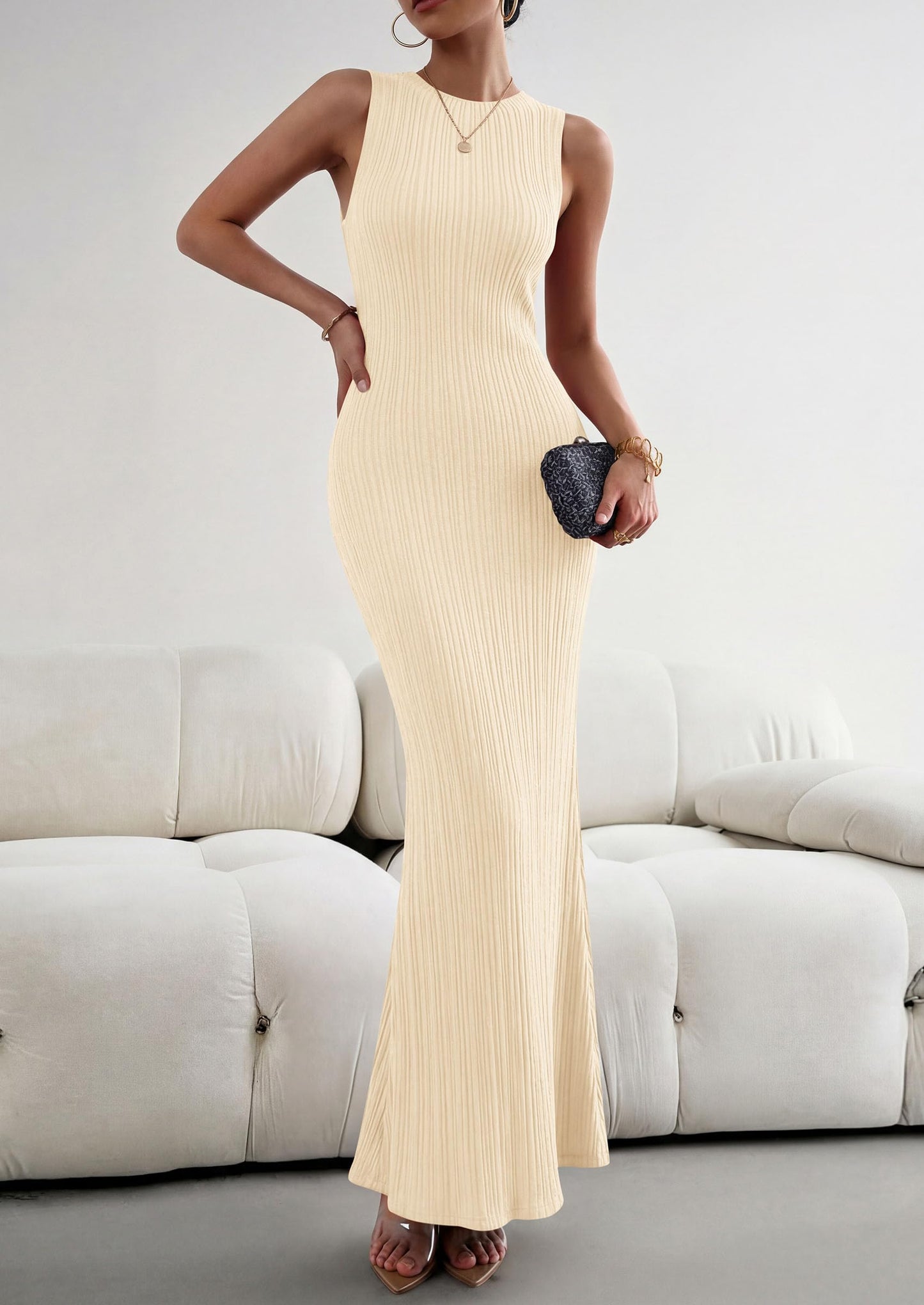 PRETTYGARDEN Women's 2026 Summer Casual Maxi Dresses Ribbed Knit Sleeveless Bodycon Elegant Going Out Beach Vacation Clothes
