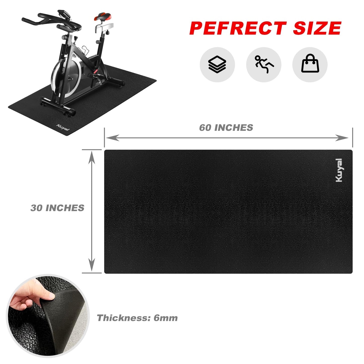 Kuyal Bike Mat Compatible with Recumbent Bikes & Treadmill & Elliptical Machine, Protect Hardwood Floor Carpet, 30X60 in Floor Thick Mats 6mm for Exercise Equipment - Gym Flooring