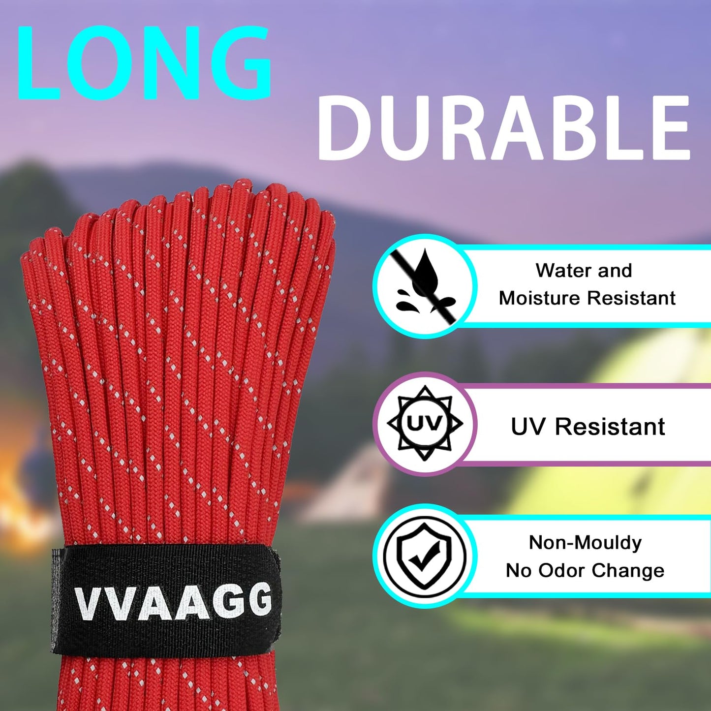 VVAAGG Reflective Paracord Rope 100FT, 7 Strand Nylon para Cord Lanyard Utility 550 Parachute Cord, 4mm Thin Tent Rope for Outdoor Camping Hiking (Red)