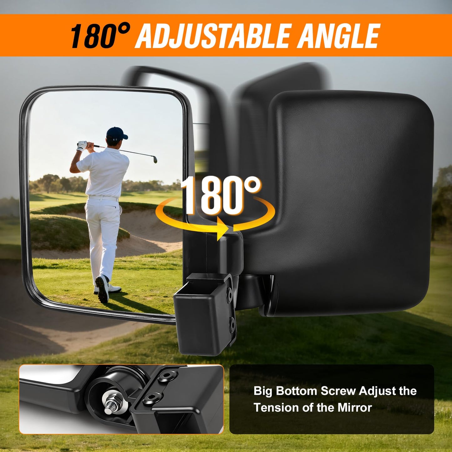 GODCTSUP Golf Cart Mirrors, No Drilling Golf Cart Side Mirrors for Club Car EZGO YAMAHA and Others Square Tube Carts Roof Bracket(0.75/1/1.25 inch), Durable Anti-Shudder, 180 Degree Rotation
