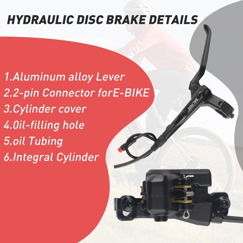 E-bike Hydraulic Brake 2-Pin Power-off Connector 2-Pistons E-Bike Electric Power-Off Hydraulic Rear Brake with 160mm 6 bolts Disc Rotor, Hydraulic Disc Brake Caliper Lever for e-Bike, Fat Bike