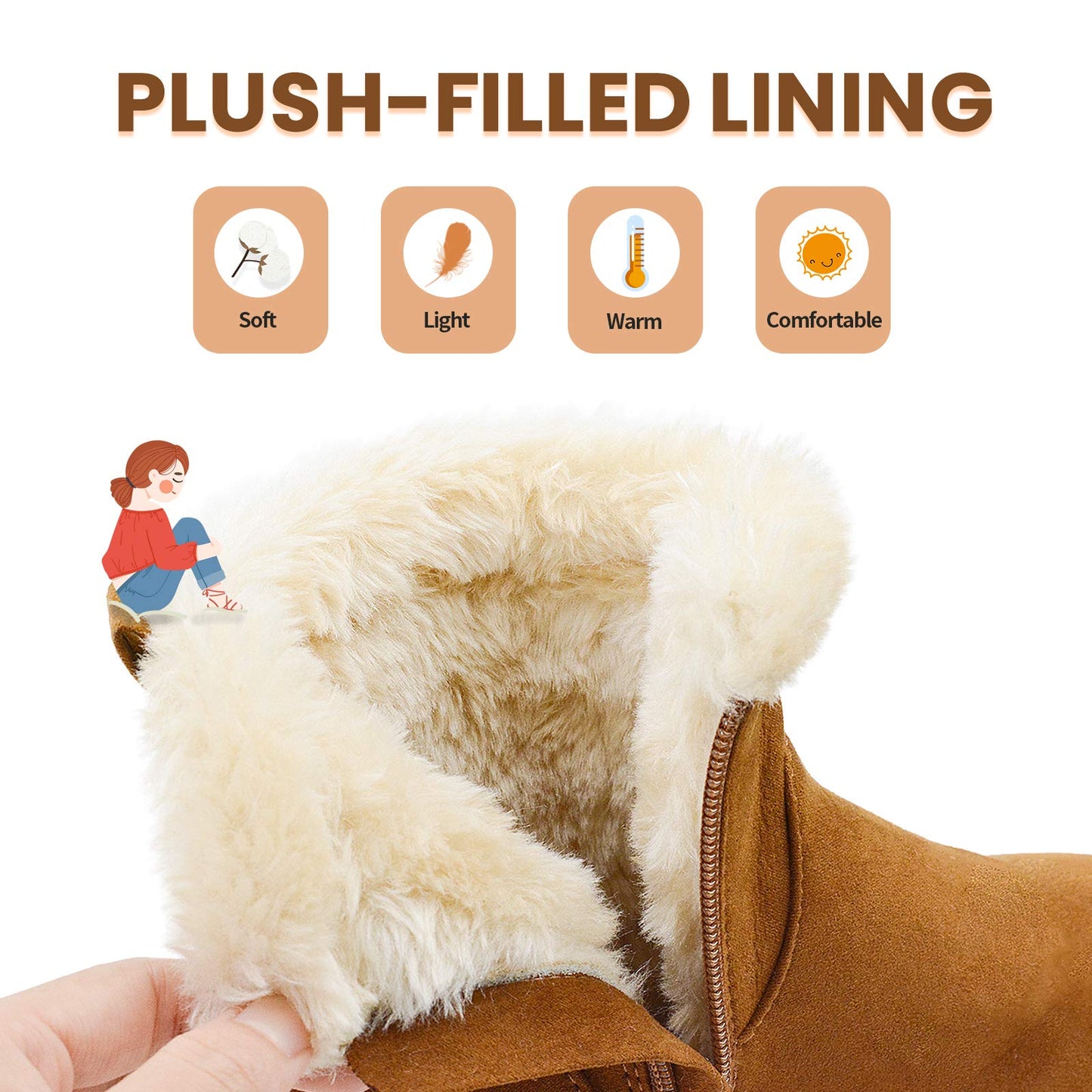 Girls Boots Warm Ankle Winter Boots Kids Soft Plush Lining Fur Collar with Zipper Snow Bootie Indoor Outdoor Shoes for Girls Big Kid 3 US Brown