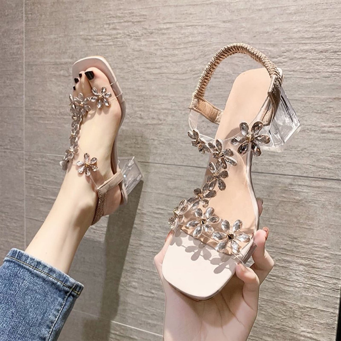 Women's Heel Sandals Crystal Heel High Heel Flowers Rhinestone Dress Sandal Summer Casual Fashion Bohemian Sandals Beige, 9