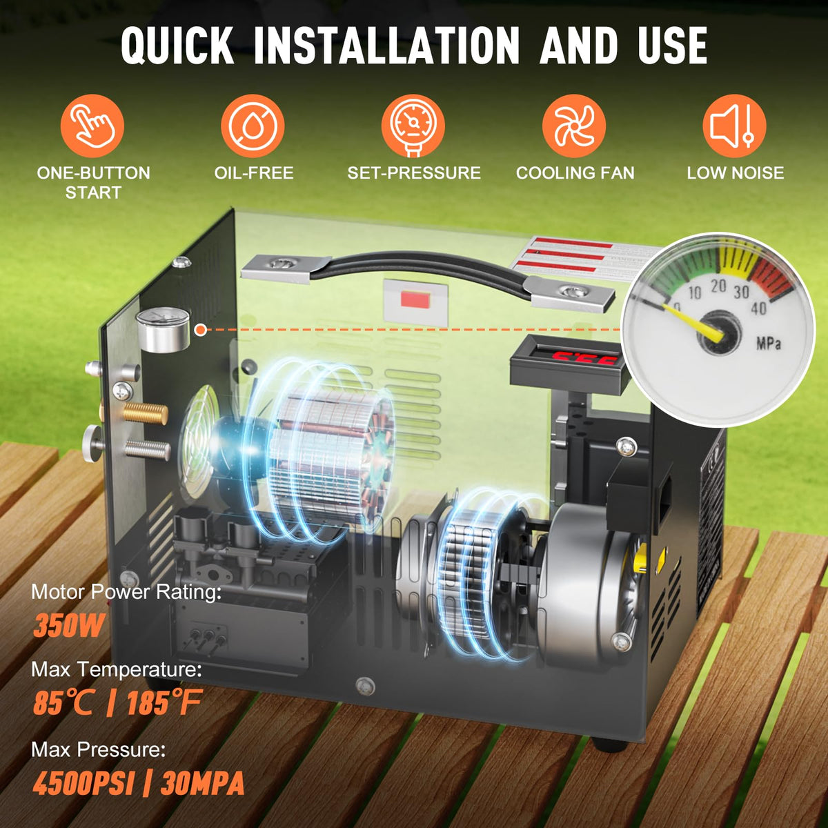 PCP Air Compressor, 4500PSI/30Mpa Scuba Tank Compressor, DC12V/AC120V PCP Airgun Compressor Manual-stop, Oil/Water-Free High Pressure Air Compressor Pump for Paintball, Air Rifle
