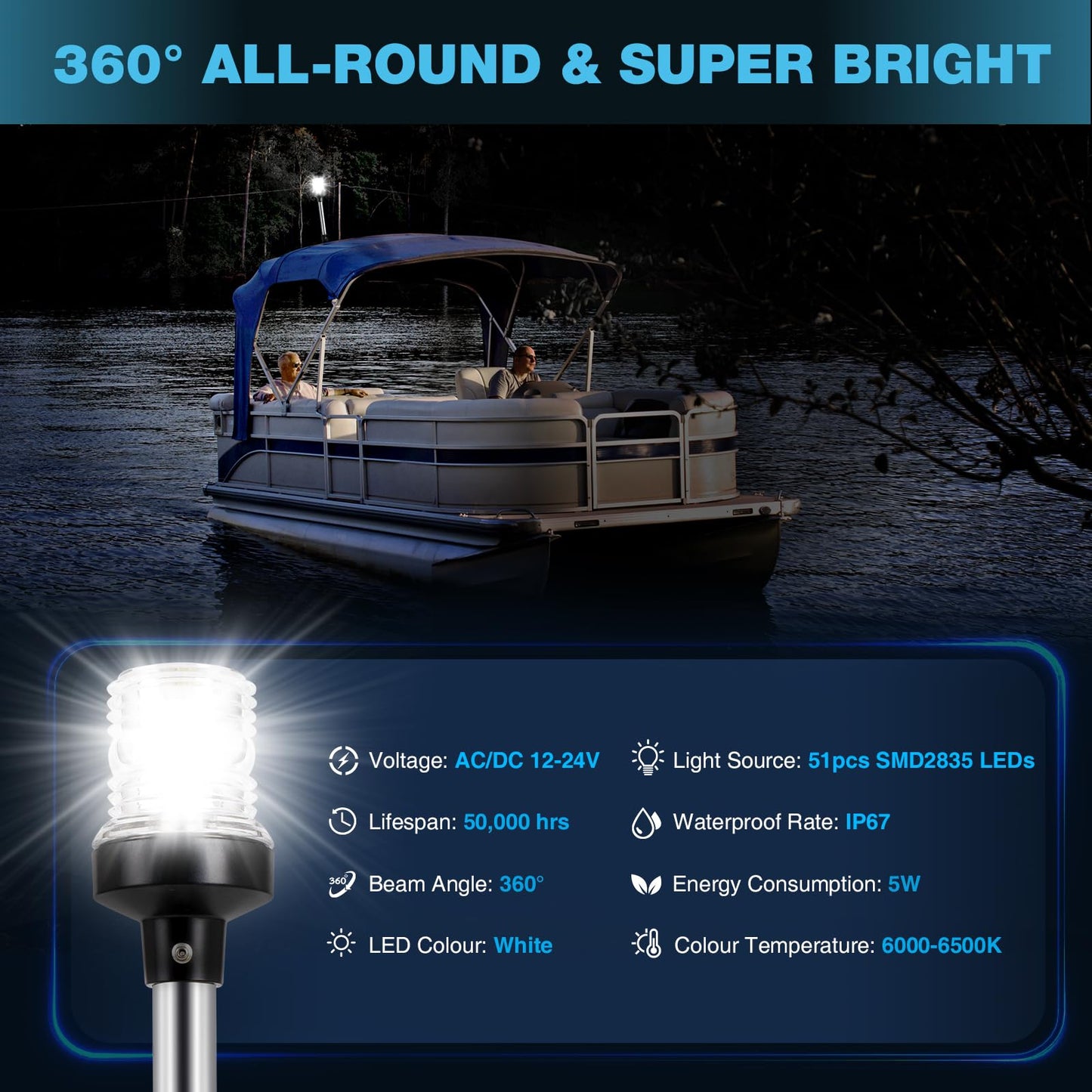 SETYPARY 12 Inches Anchor Light Boat Stern Light Waterproof IP67, White Fold Down Marine Navigation Lights for Boats LED for Pontoon, Jon Boat and Bass Boats (12-24V)