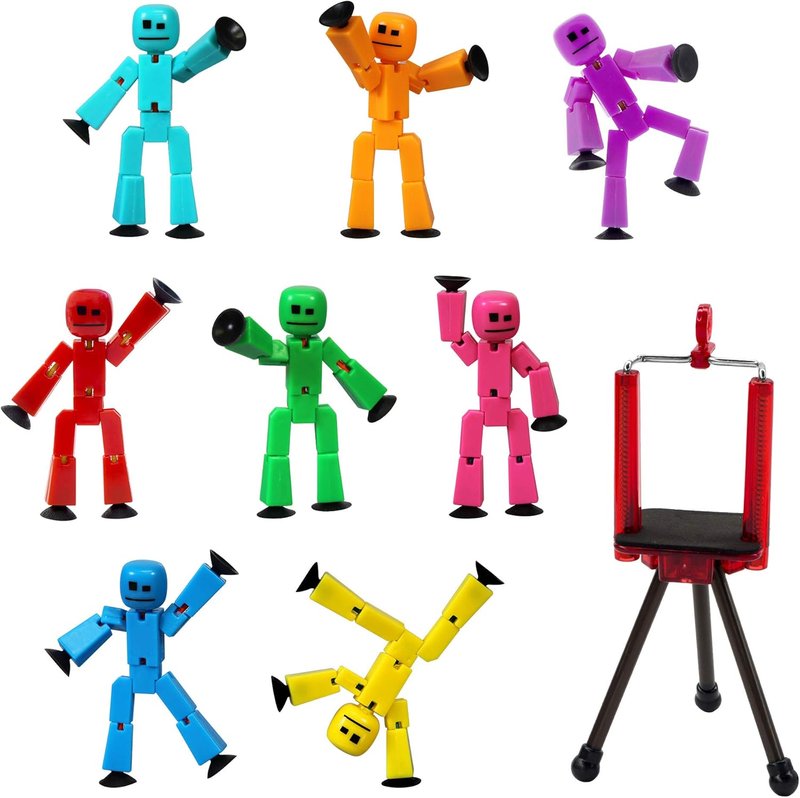 Zing Stikbot 8 Colorful Action Figures with Red Tripod | Pink, Yellow, Blue, Green, Purple, Orange, Red