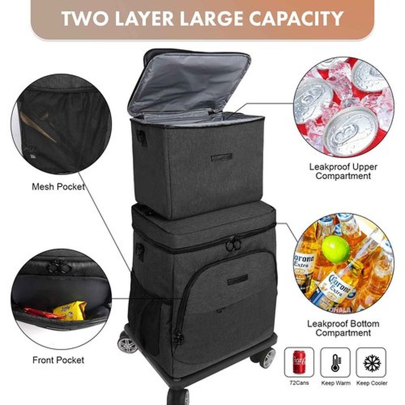 Cooler Bag Wheeled Double，Large Removable Insulated Rolling Cooler Collapsible Leakproof Portable Ice Packs for Camping Picnic Beach Travel（Black）