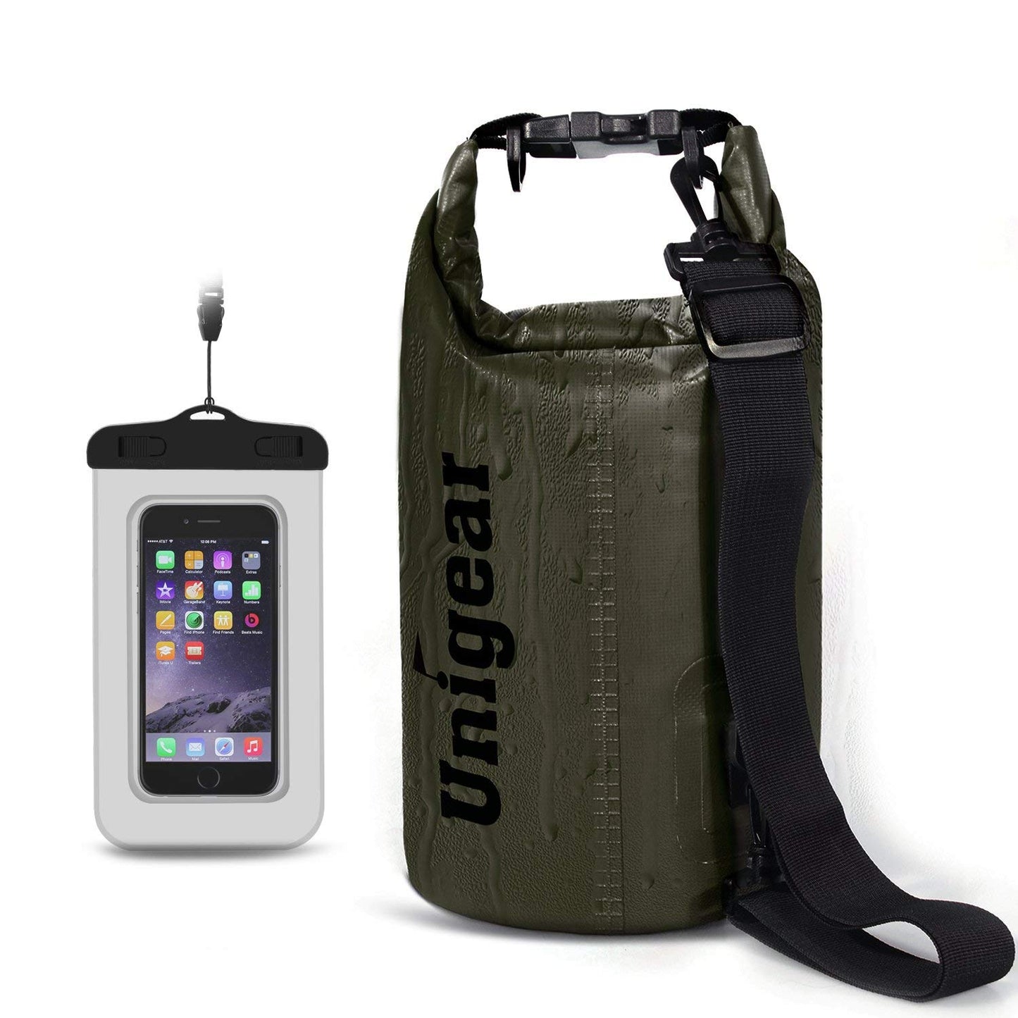 Unigear Dry Bag Waterproof, Floating and Lightweight Bags for Kayaking, Boating, Fishing, Swimming and Camping with Waterproof Phone Case (Army Green, 30L)
