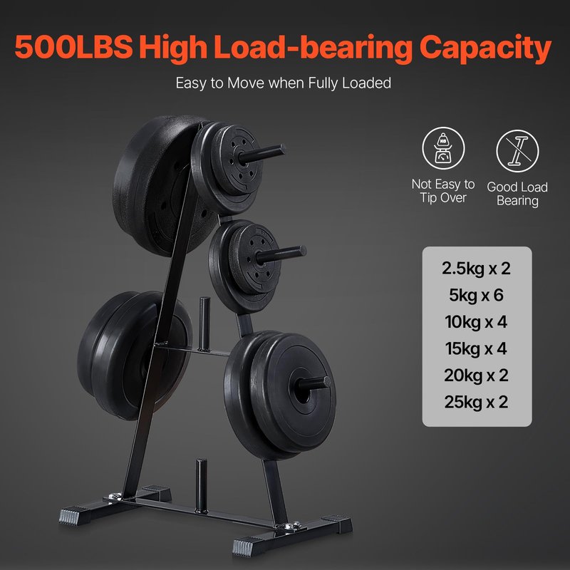 VEVOR Weight Plate Rack, A Frame Weight Plate Tree for 1-Inch Weight Plates, Standard Weight Plate Tree, 500 lbs Load Capacity Weight Storage Holder, Home Gym Barbell Rack Storage Stand, Black