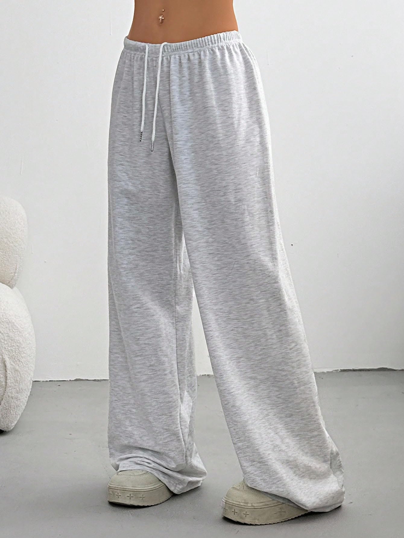 SOLY HUX Women's Baggy Sweatpants Drawstring Waist Wide Leg Loose Casual Long Pants Plain Light Grey Small