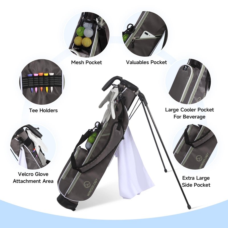 T WINSOLOGY Small Golf Bags for Men Golf Stand Bag Lightweight Golf Easy Carry Bag with Strap and Stand for The Driving Range, Par 3 and Executive Courses Golf Bags for Men or Women. (Grey/Wasabi)