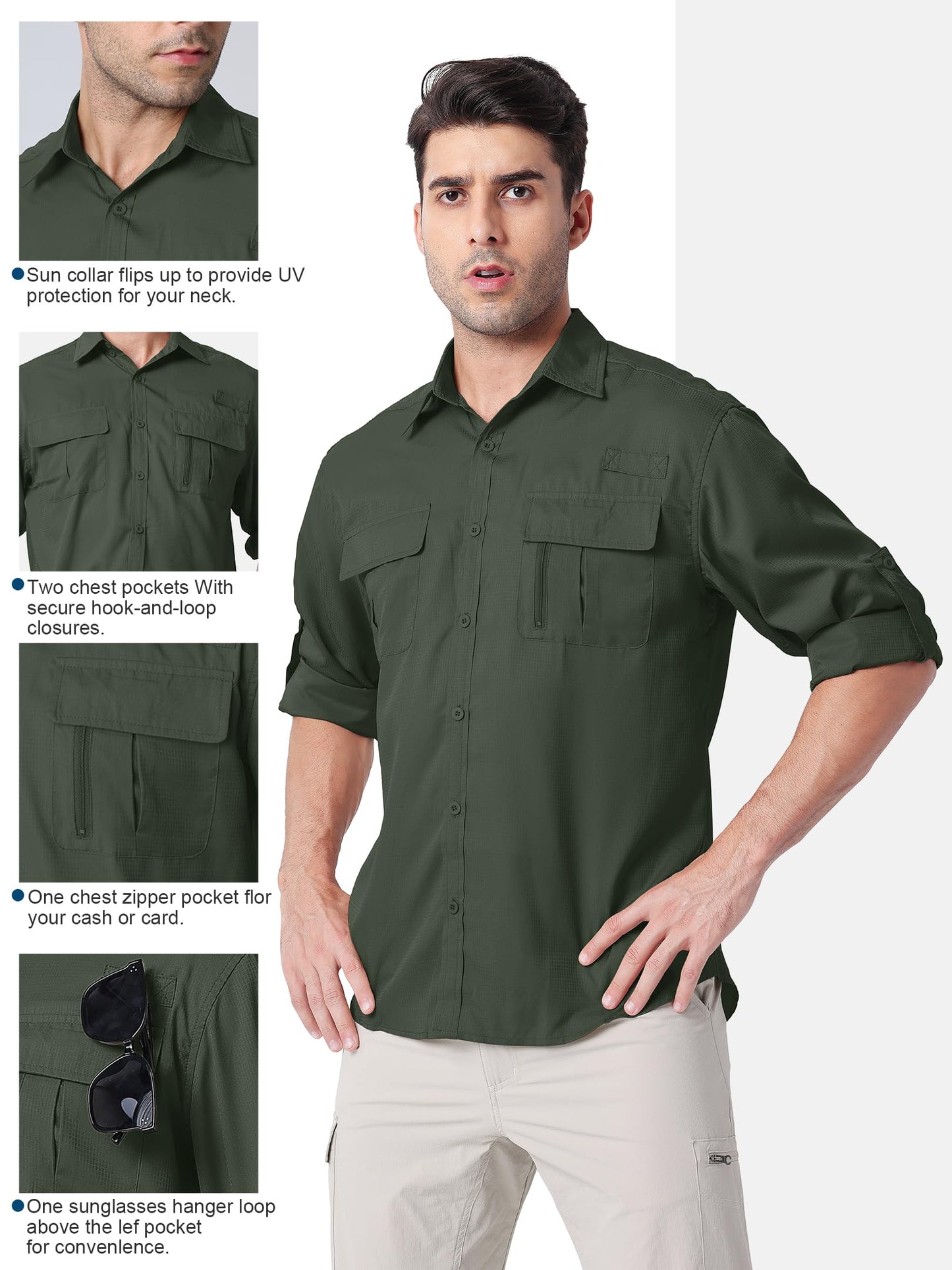 Men's Long Sleeve Sun Protection Shirts UPF 50+ UV Button Down Quick Fast Dry Cooling Fishing Breathable for Travel Safari Camping Hiking (US, Alpha, Medium, 16.5, Regular, Regular, Military Green)