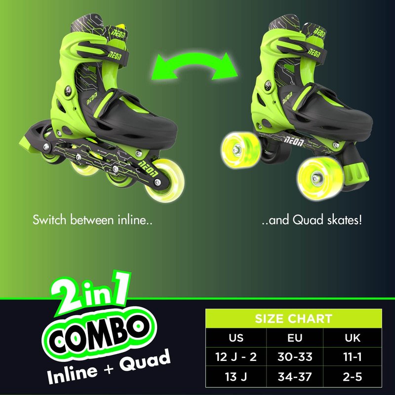 Yvolution Neon Combo Skates | 2-1 Quad and Inline Skates for Kids with LED Wheels | Adjustable Sizing (Green, 12-2)