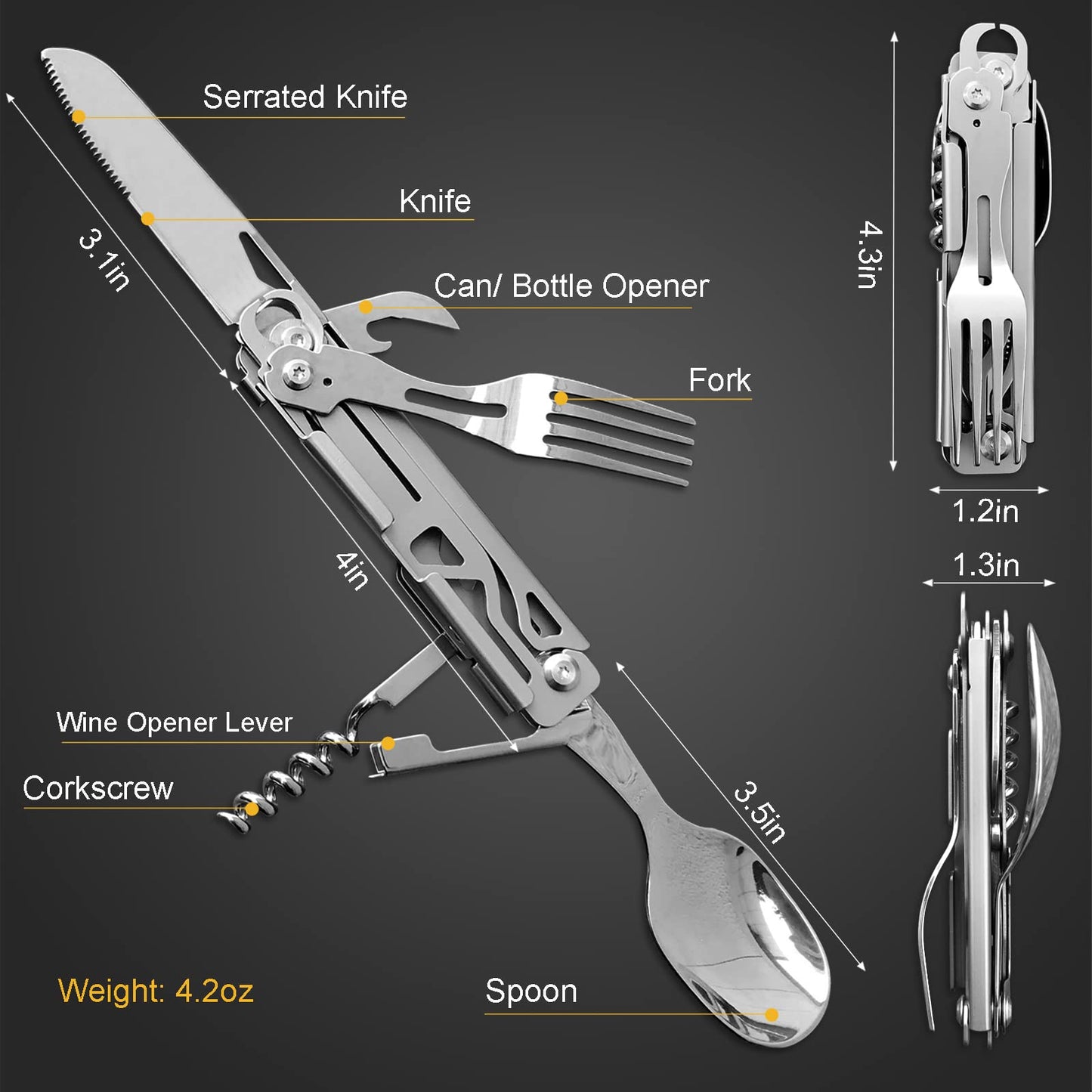 Joycube 6-in-1 Detachable Camping Utensils Flatware Set - Multi-Function Travel Pocket Cutlery Folding Spoon, Fork, Knife, Wine Bottle Opener Can Opener Portable Combo Set (Stainless Steel)