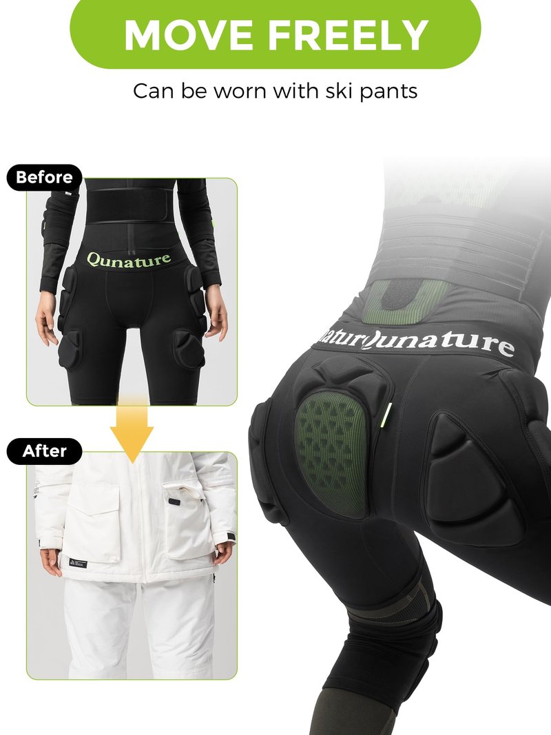 Qunature Protective Padded Shorts Ergonomic Design -5 Zone Concept Easy Layering Under Outer Pants , ESA - Certified Shock - Absorbing for Snowboard,Skate and Ski Waist：78-88CM
