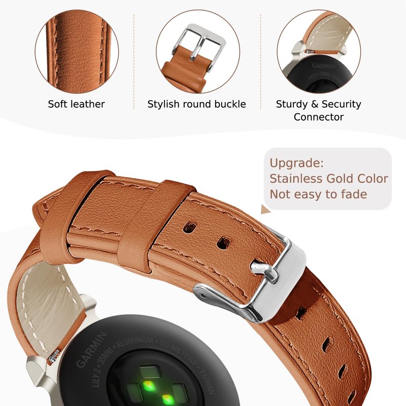 Leather Bands Compatible with Garmin Lily 2, 14mm Top Grain Soft Loop Straps Quick Release Replacement Adjustable Wristband for Lily 2 Classic/Active Smart Watch Accessory for Grace Women