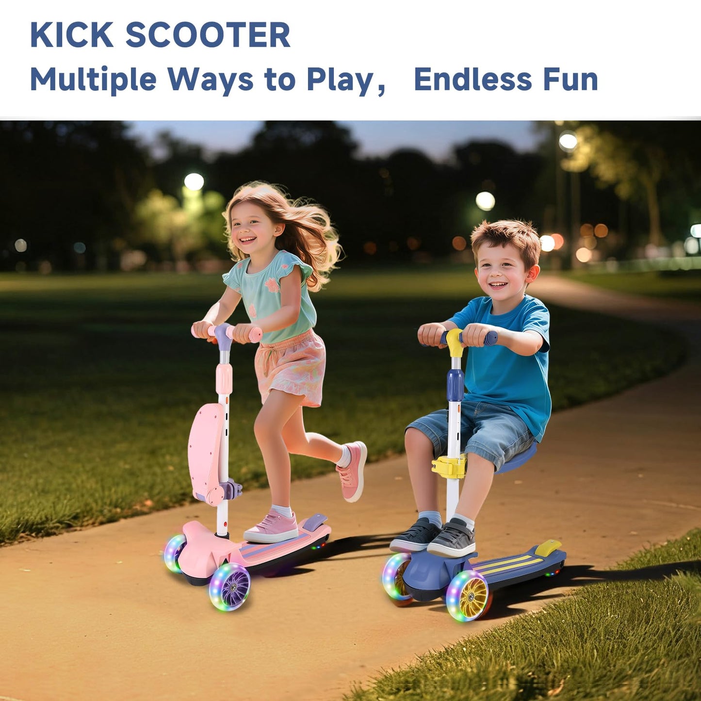 Wheelive 2 in 1 Kids Scooter with Removable Seat, Light up 3 Wheels Kick Scooter with 4 Adjustable Height Toddler Scooters Sit or Stand Ride for Boys & Girls 2-10 Years Old（Pink）