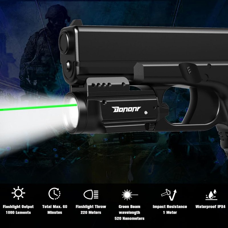 1000 Lumens Green Beam Pistol Light - Compact Tactical Flashlight with Strobe & USB Rechargeable Aluminum | Adjustable Picatinny Rail