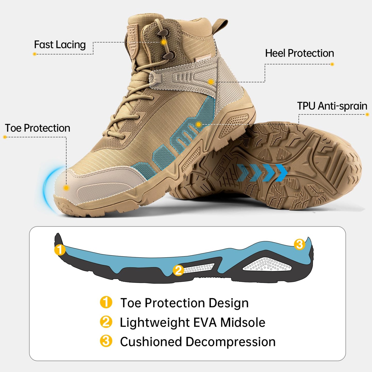 FREE SOLDIER Men's Waterproof Hiking Boots Lightweight Outdoor Mid Trekking Climbing Boots Men(Tan 12)